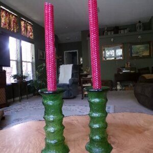 Rare E.O. Brody Emerald Crinkle Glass Vases  Dual-Use Candleholders  USA Made